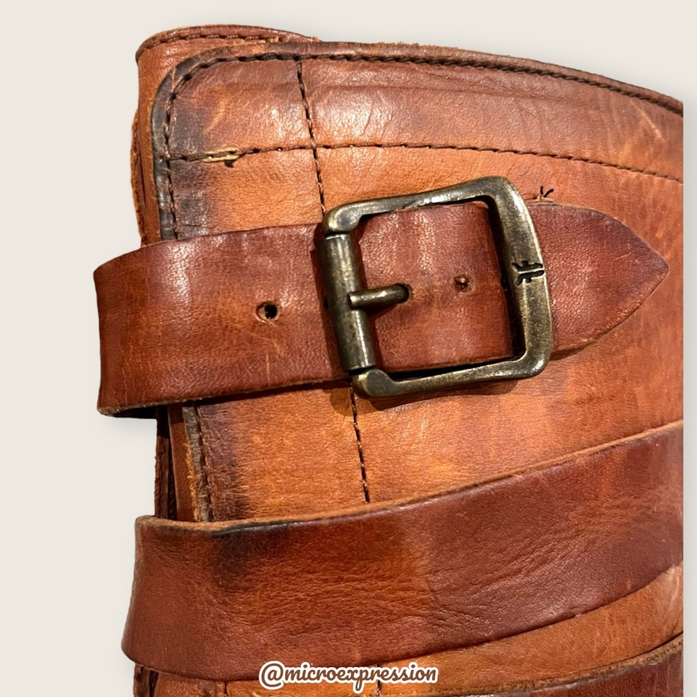 $389 Veronica Tanker Cognac Brown Real Leather Strappy Belted Moto Combat Boots - Picture 10 of 14